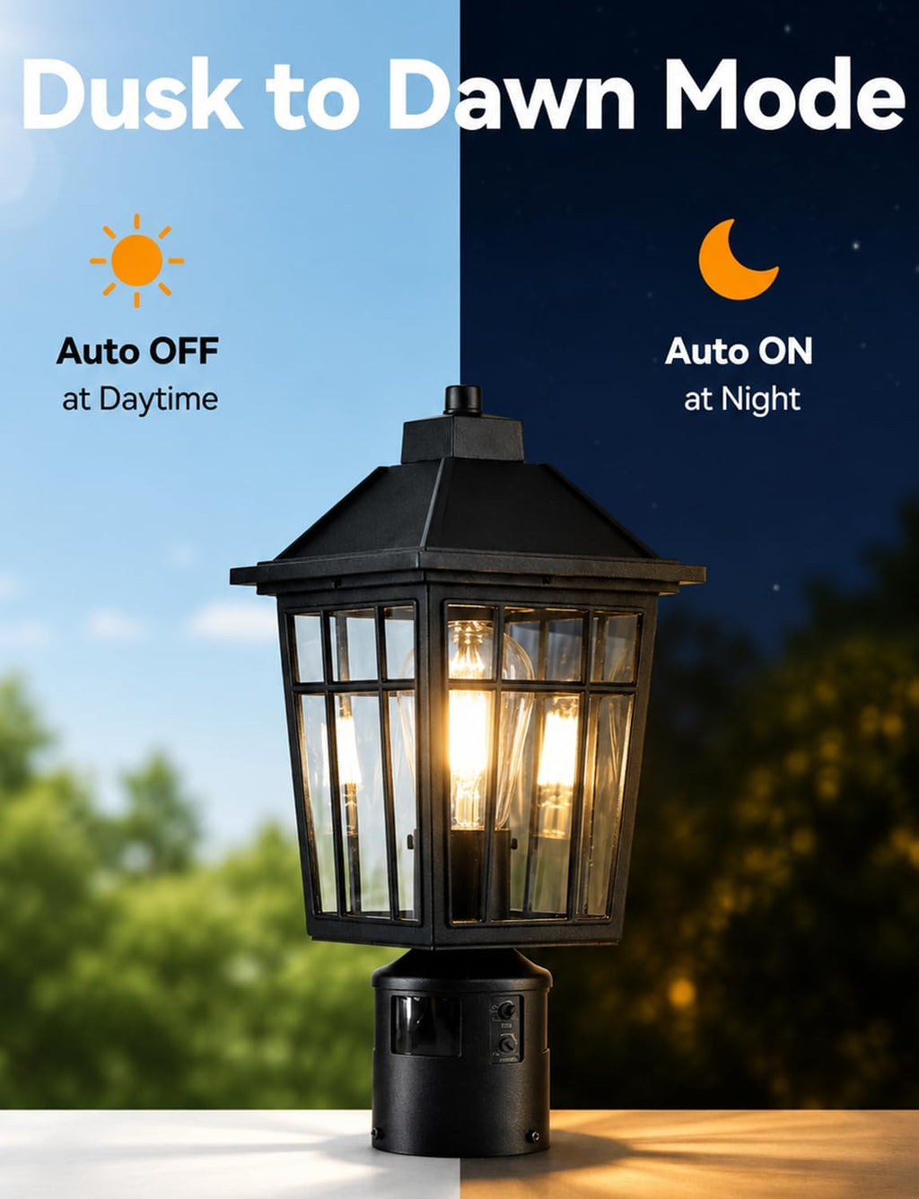 Black Motion Dusk Dawn Waterproof Post Lantern