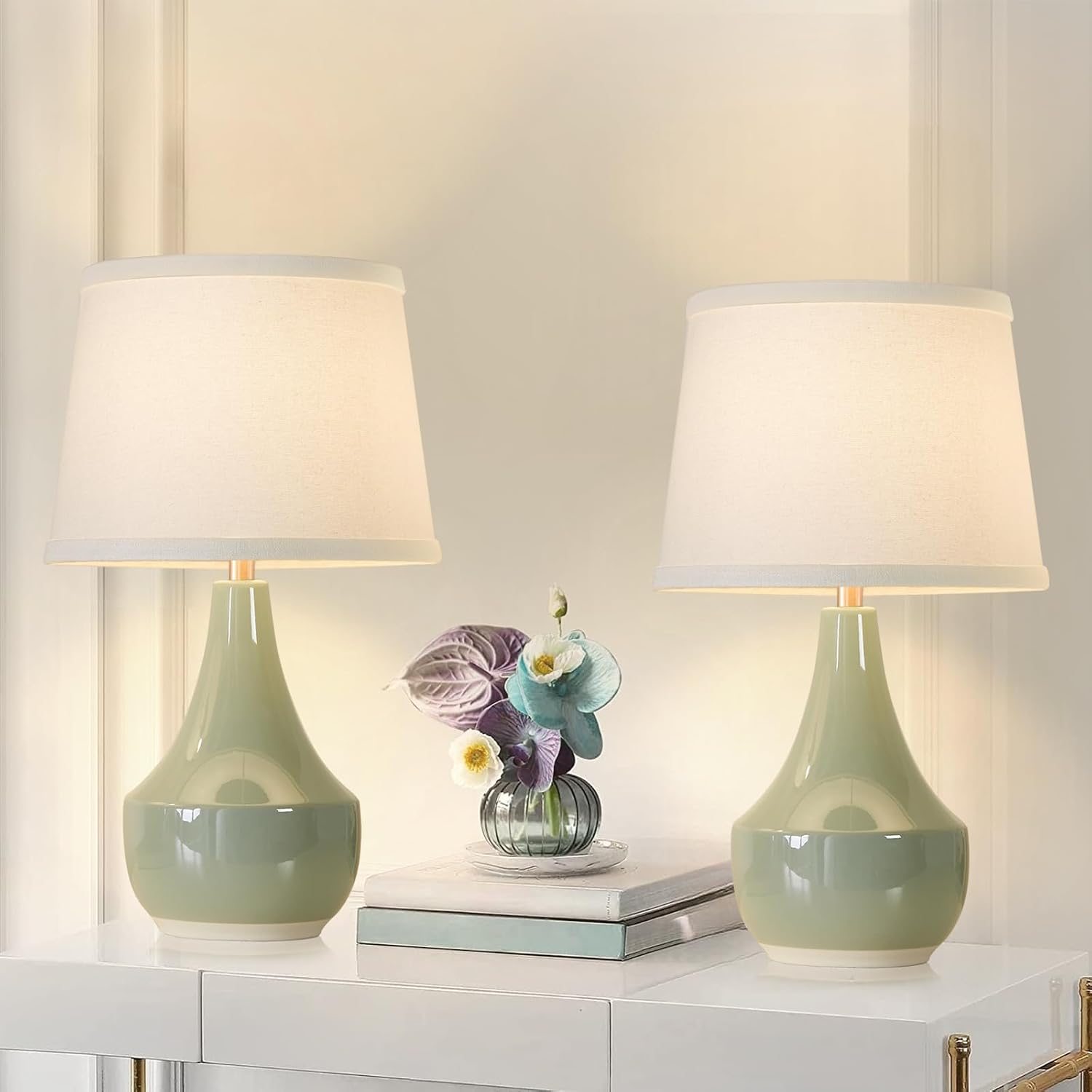 Sage Green Ceramic Bedside Lamps Set of Two