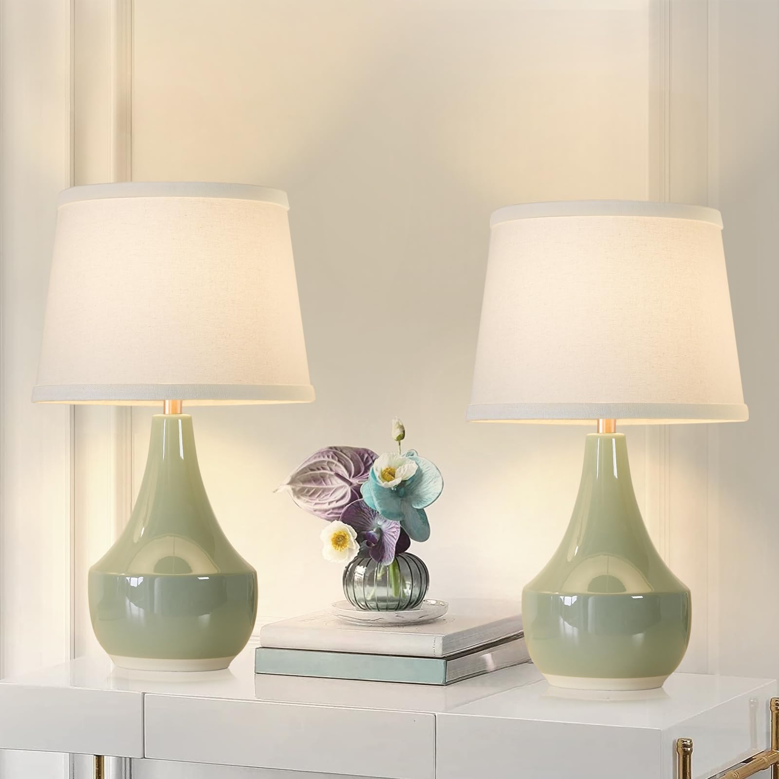 Sage Green Ceramic Bedside Lamps Set of Two