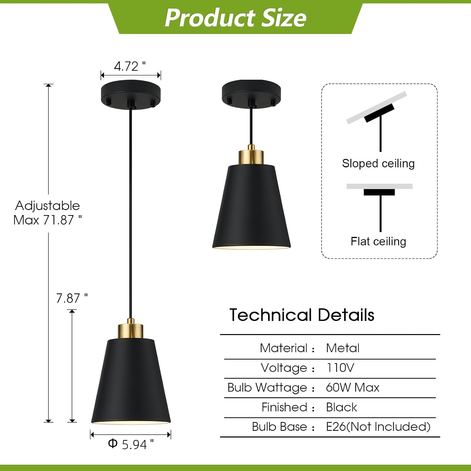 Cone Matte Black 7.87in Adjustable Pendant Light