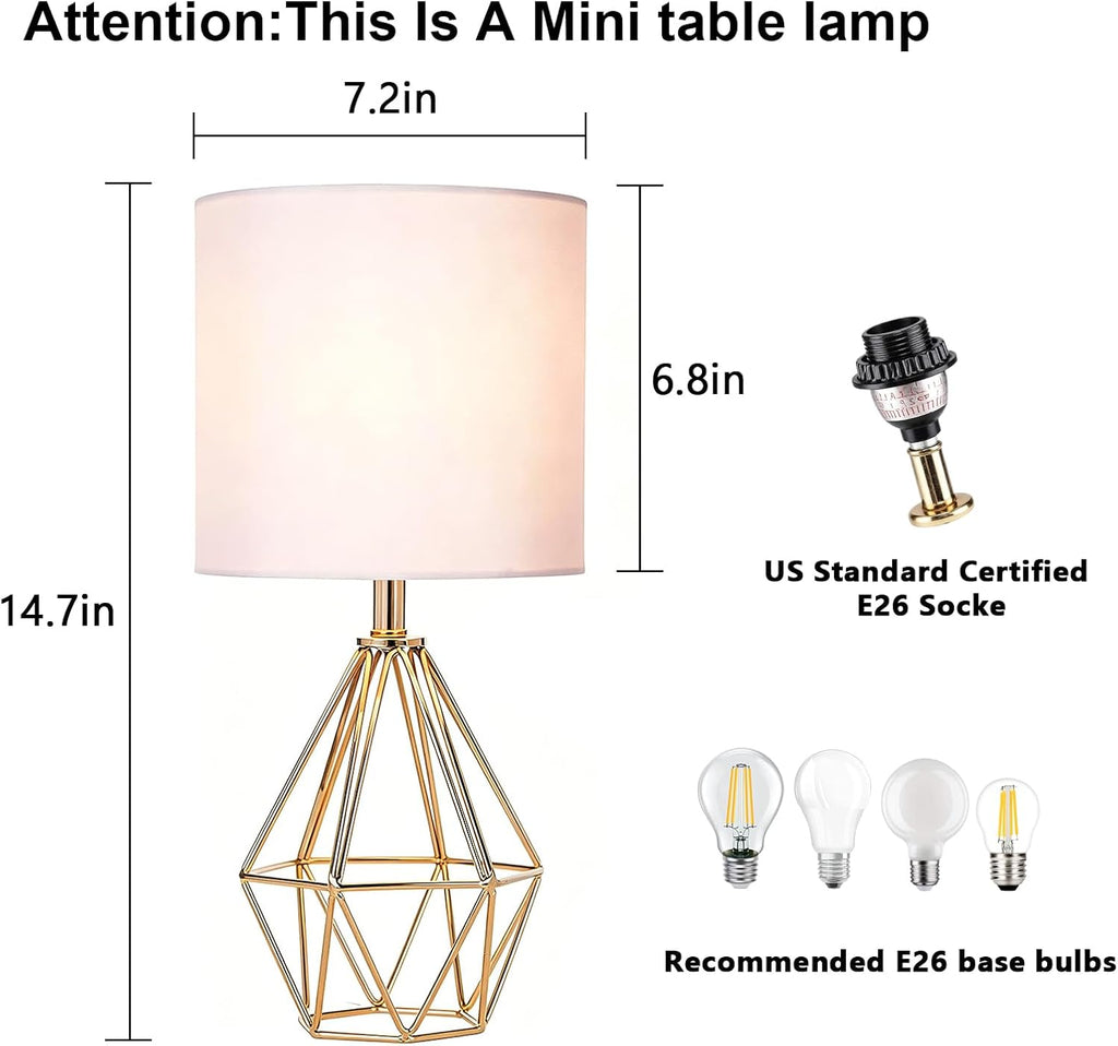 Gold Fabric Shade Bedside Table Lamps Set Two