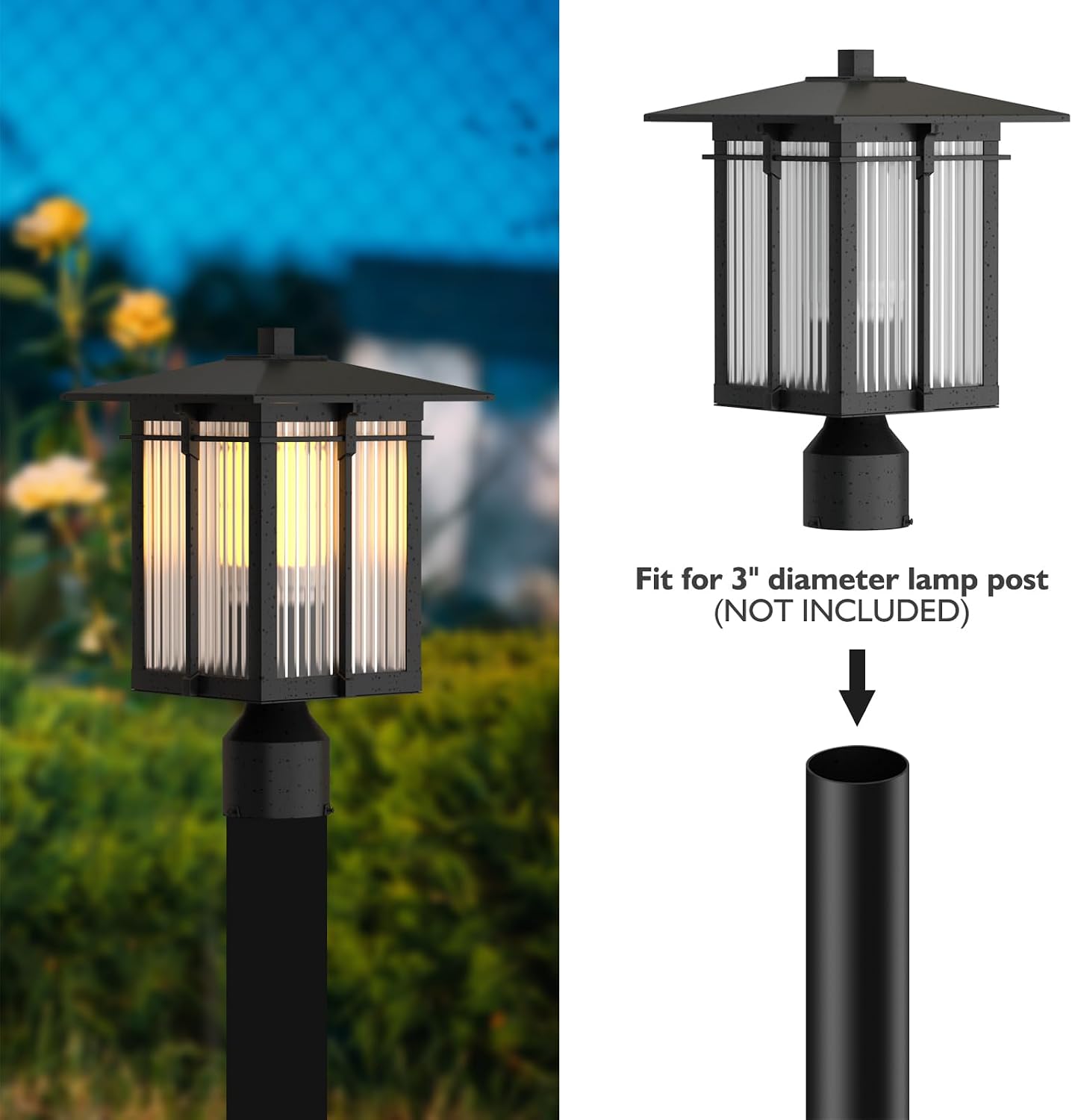 Black Ribbed Glass Outdoor Post Pole Lamp