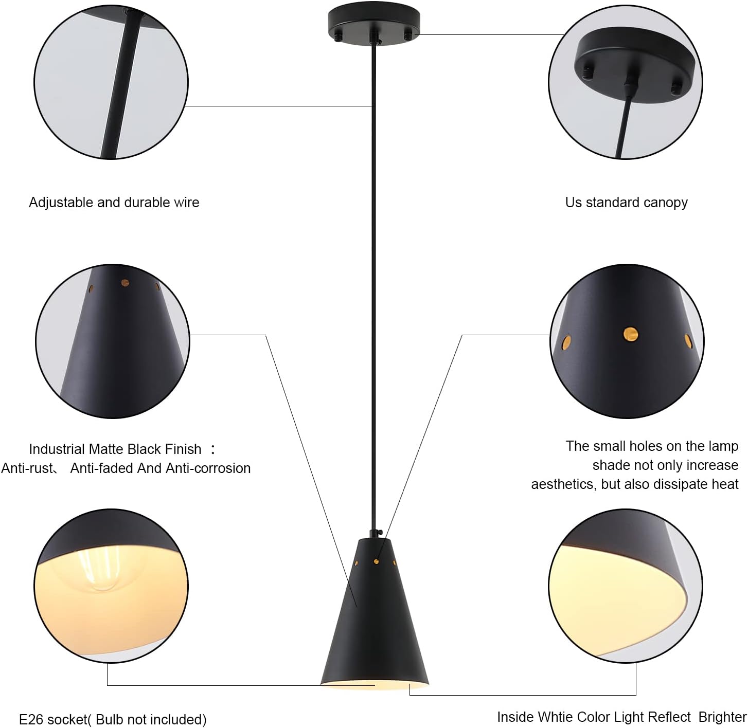 Industrial Cone Metal Adjustable Black Pendant Lights
