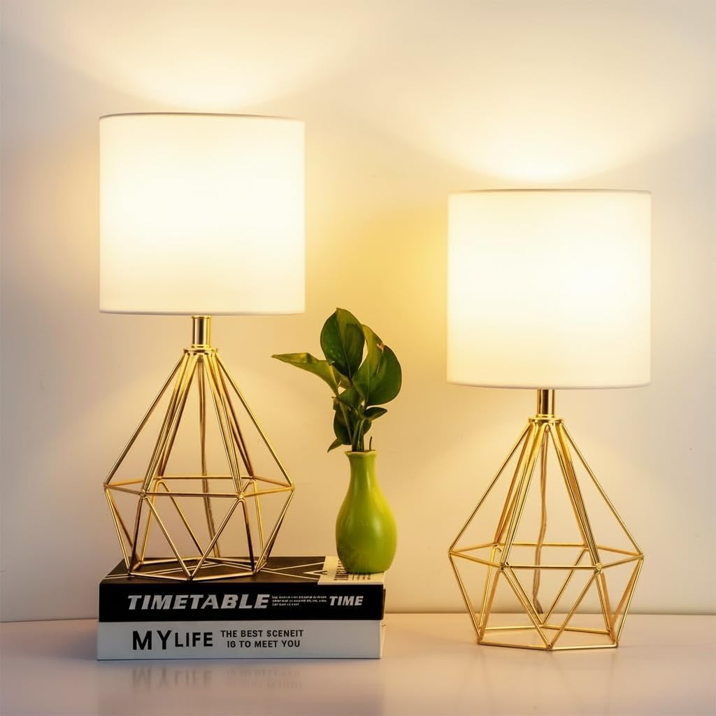 Gold Fabric Shade Bedside Table Lamps Set Two