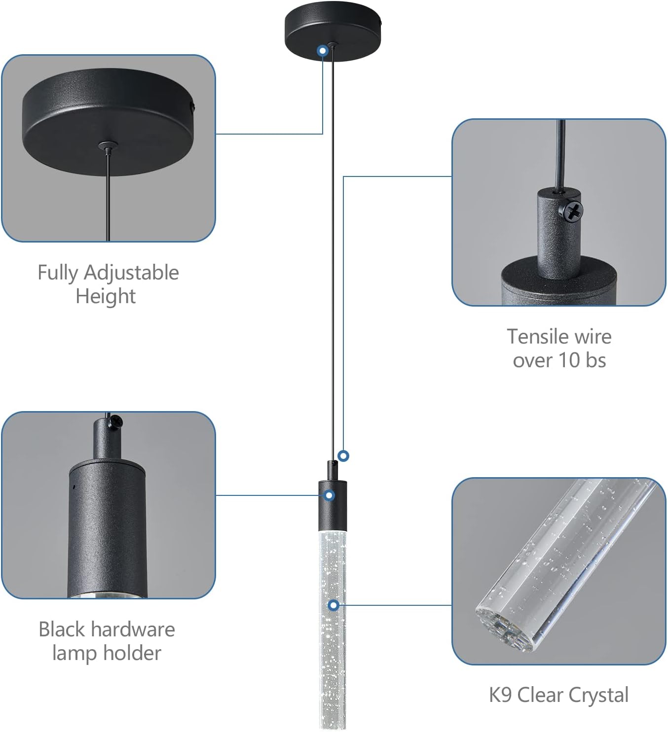 Dimmable Black Crystal Mini LED Pendant Lights