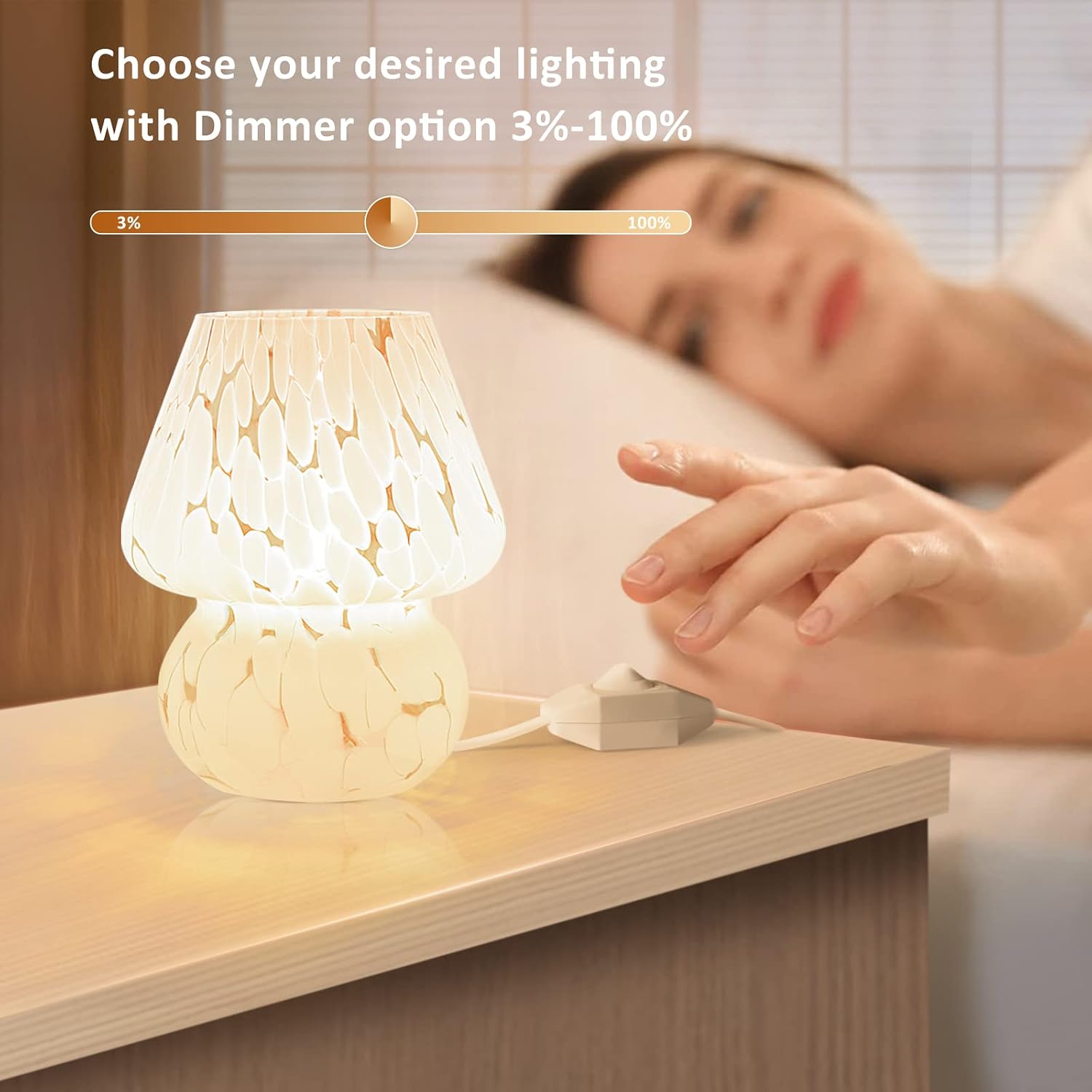 Cute Dimmable Glass Mushroom Bedside Lamp