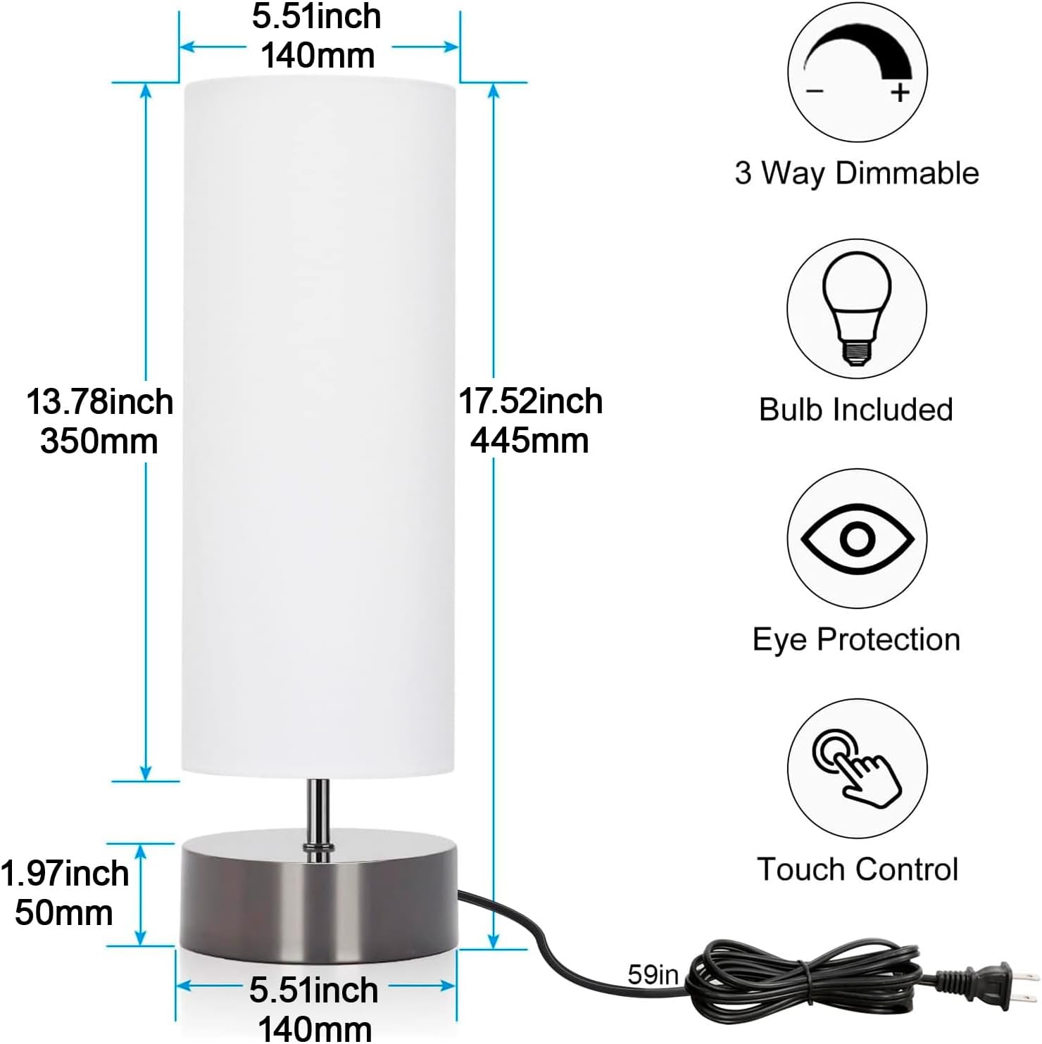 Touch Dimmable Fabric Shade Bedside Table Lamp