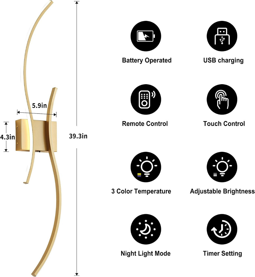 Rechargeable Gold Remote Dimmable Battery Wall Sconces
