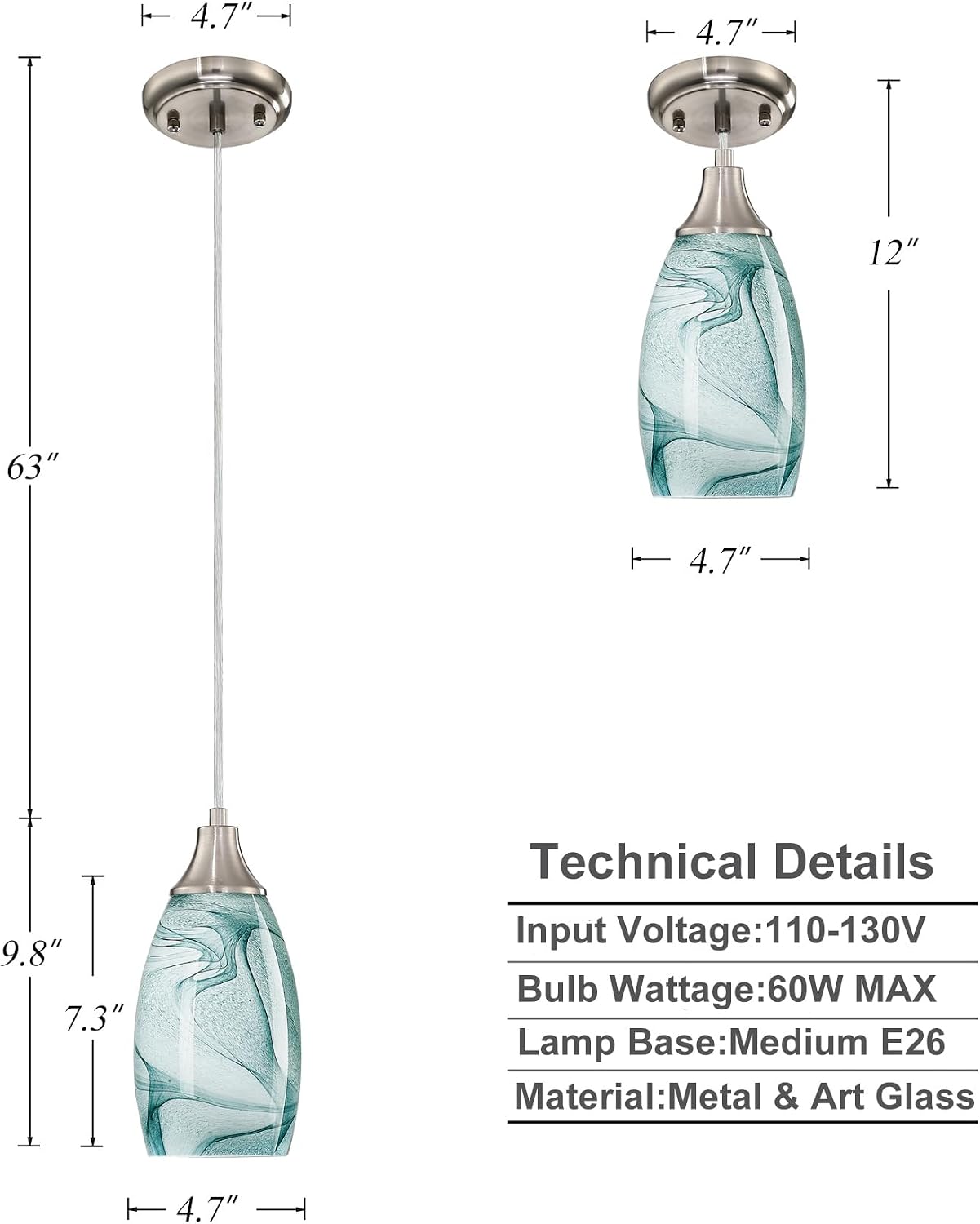 Hand Blown Glass Adjustable Nickel Mini Pendant Lamp