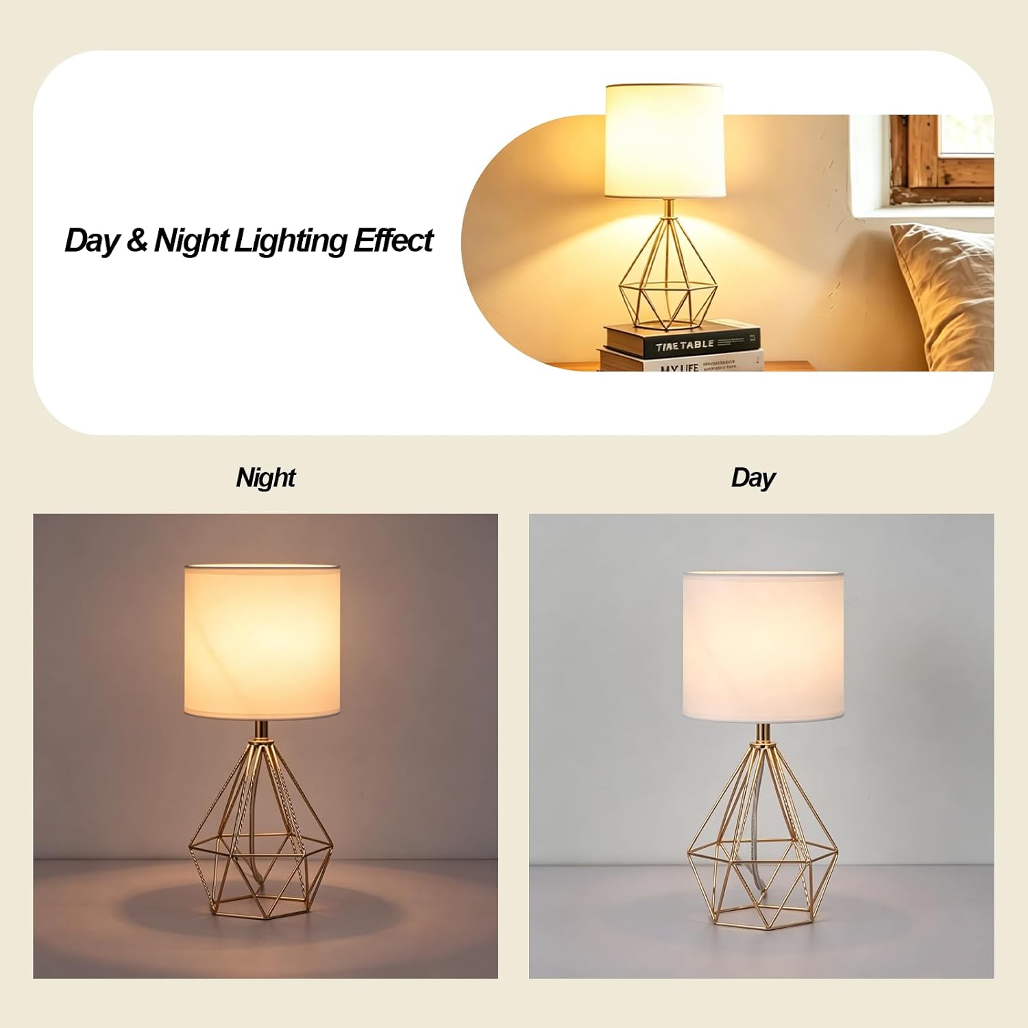 Gold Fabric Shade Bedside Table Lamps Set Two