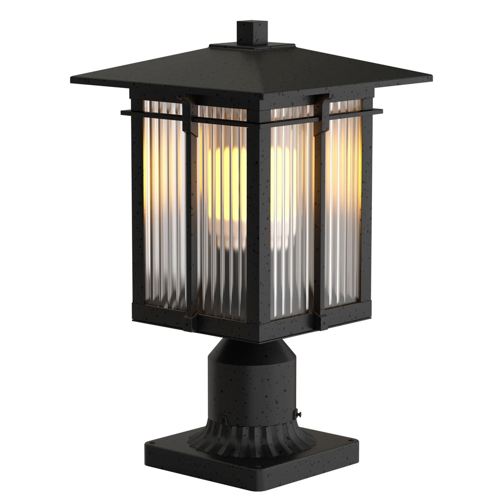 Black Ribbed Glass Outdoor Post Pole Lamp