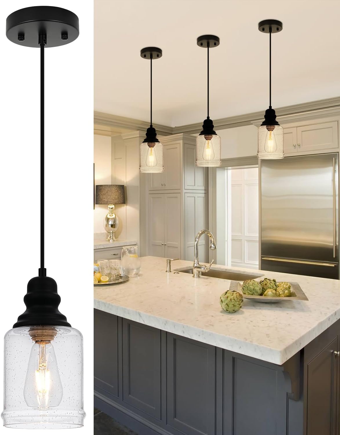 Seeded Glass 5.5 Inch Adjustable Farmhouse Pendant Lights