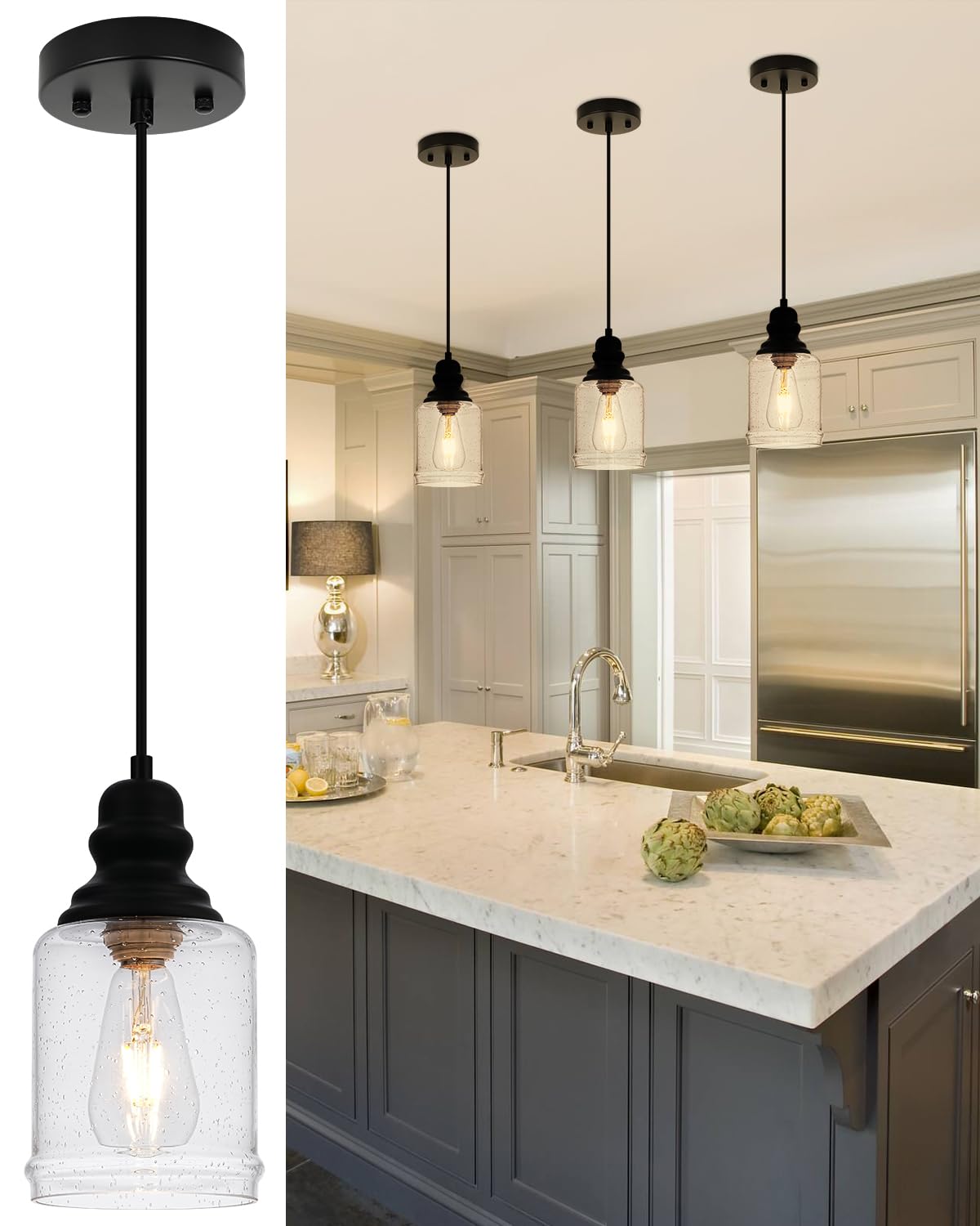 Seeded Glass 5.5 Inch Adjustable Farmhouse Pendant Lights
