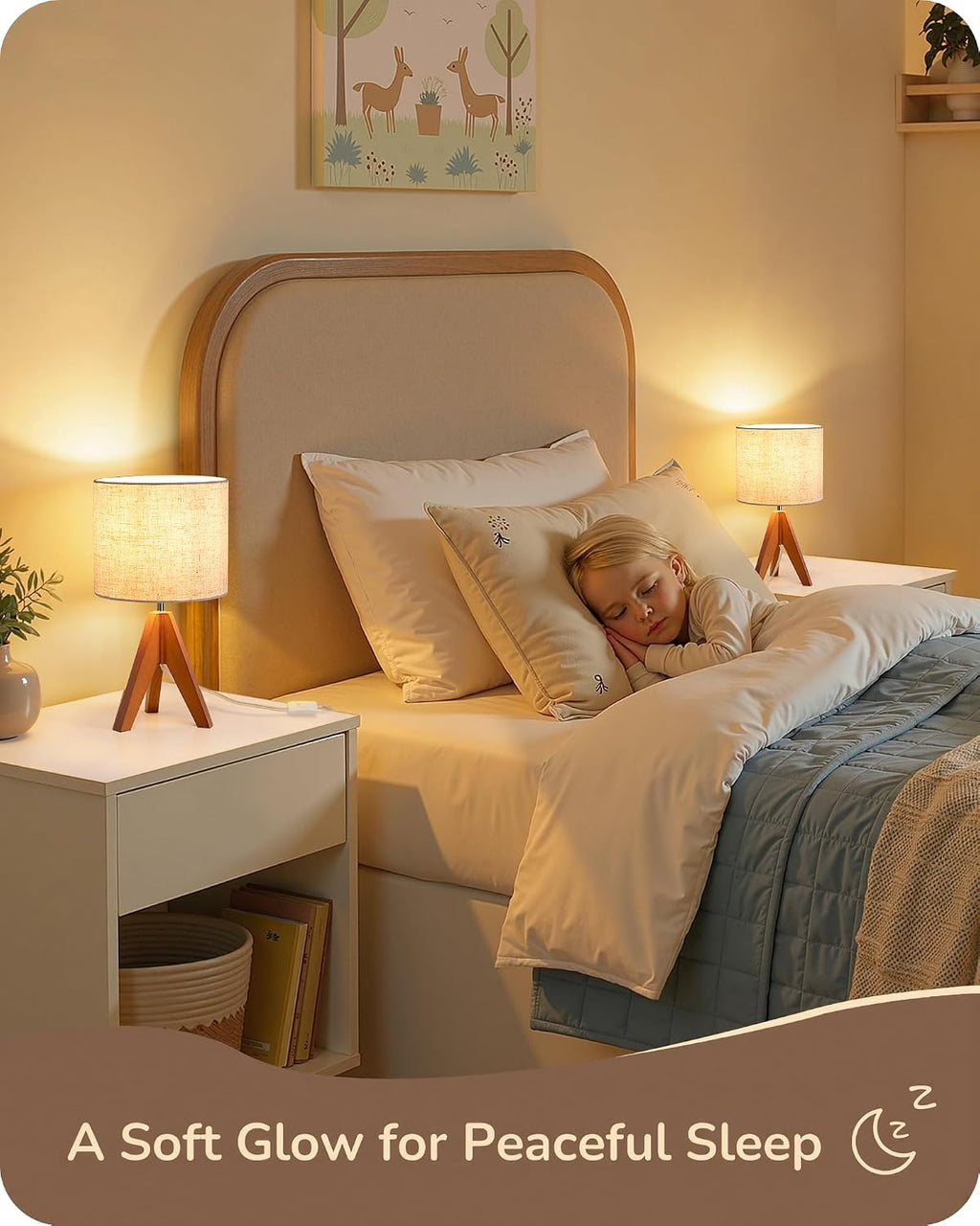 Wood Tripod Beige Linen Bedside Table Lamp