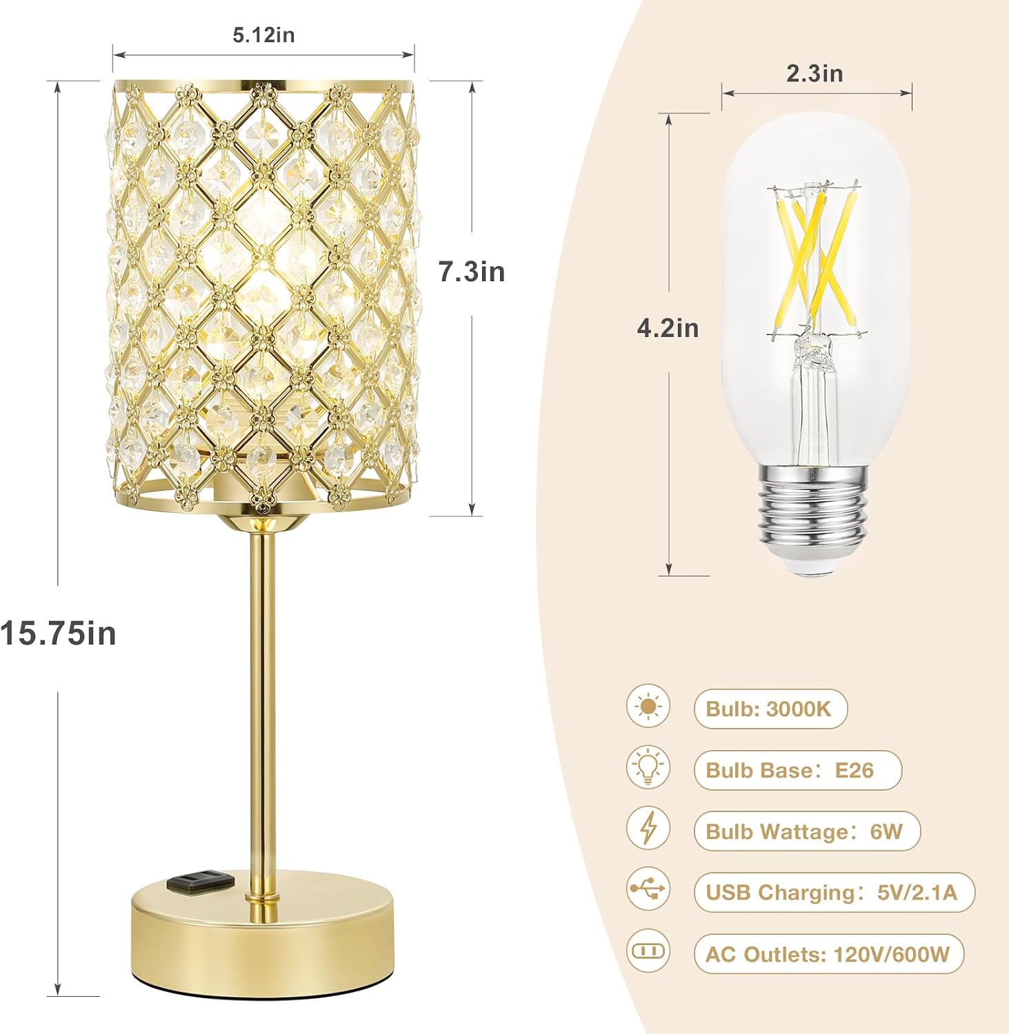 Touch Dimmable Gold Crystal Charging Bedside Lamp