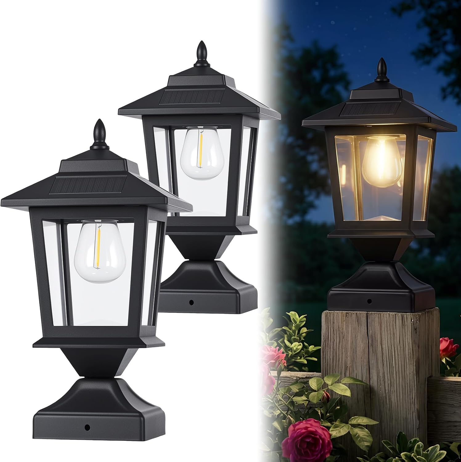 Black Solar Glass Post Cap Lights Set Two