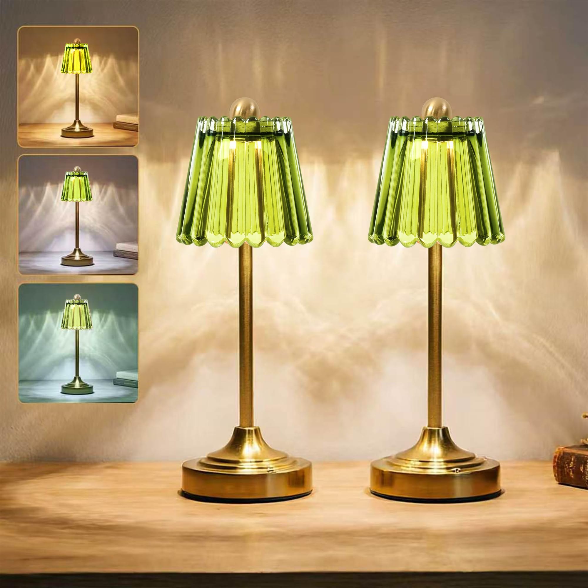 Touch Dimmable Green Glass Lamps Set of Two