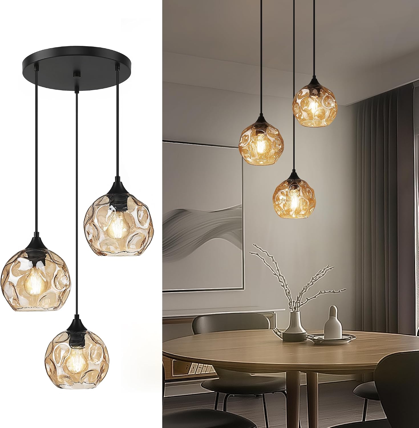 Hammered Glass Amber Linear Cluster Pendant Lamp