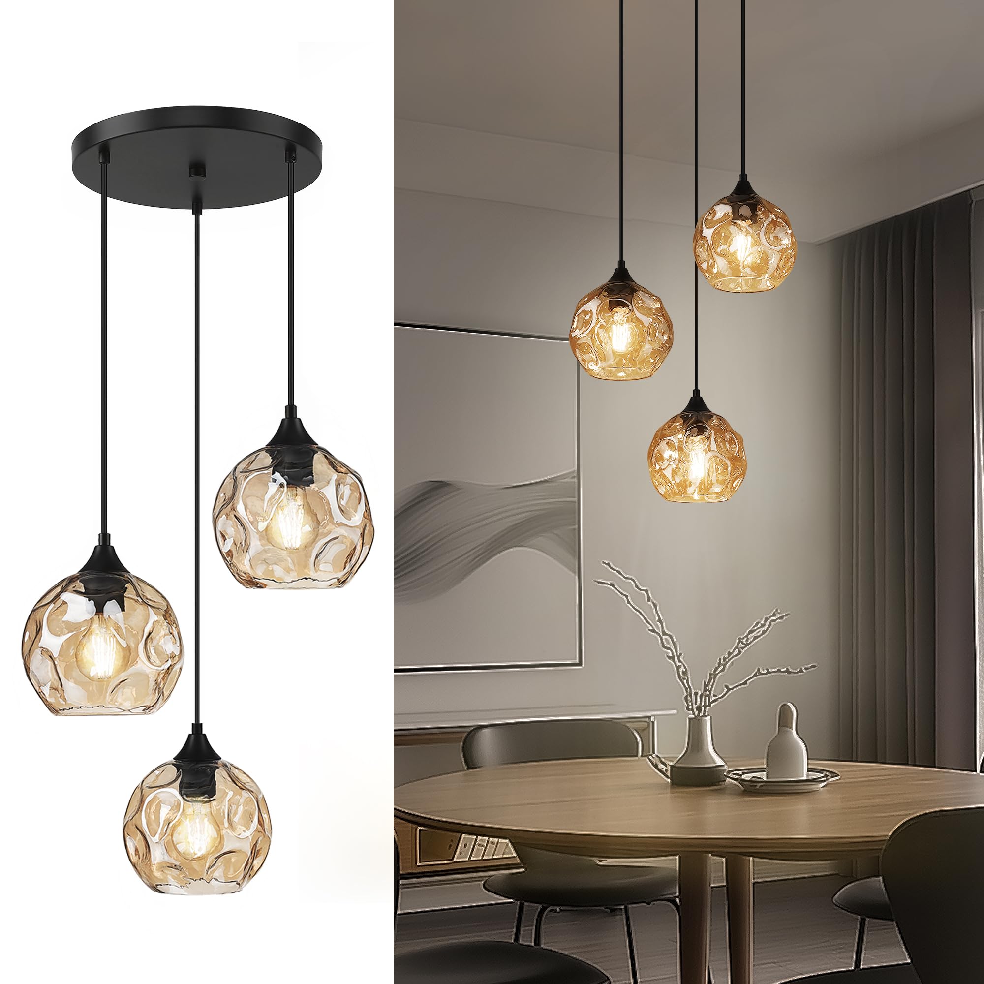 Hammered Glass Amber Linear Cluster Pendant Lamp