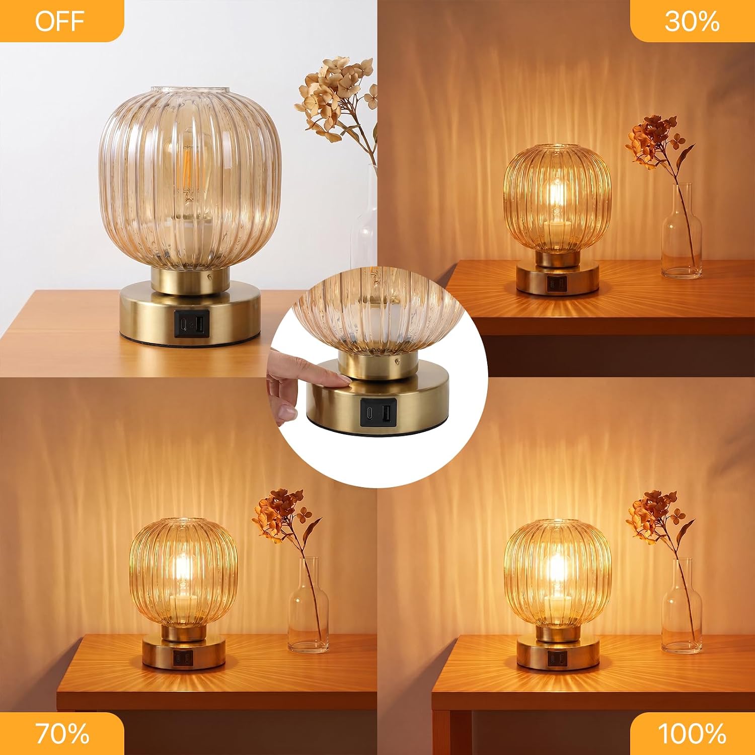 Amber Touch Dimmable Bedside Lamps Set of Two