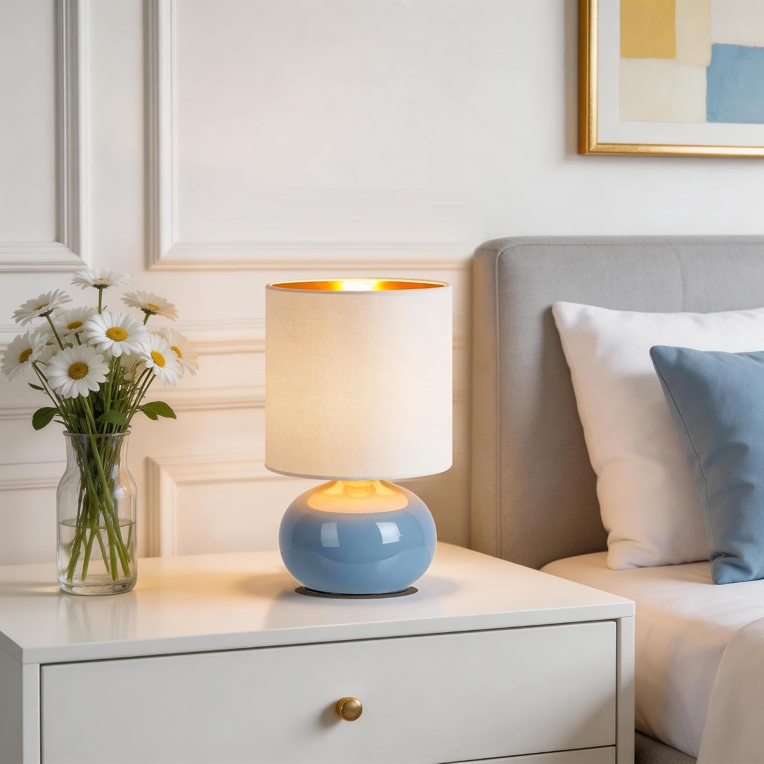 Blue Ceramic Bedside Table Lamps Set of Two