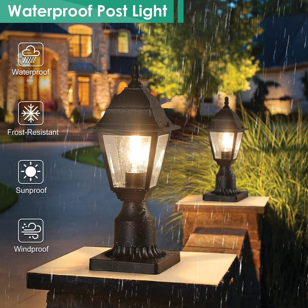 Black Clear Glass Dusk Dawn Post Lamps Set Two