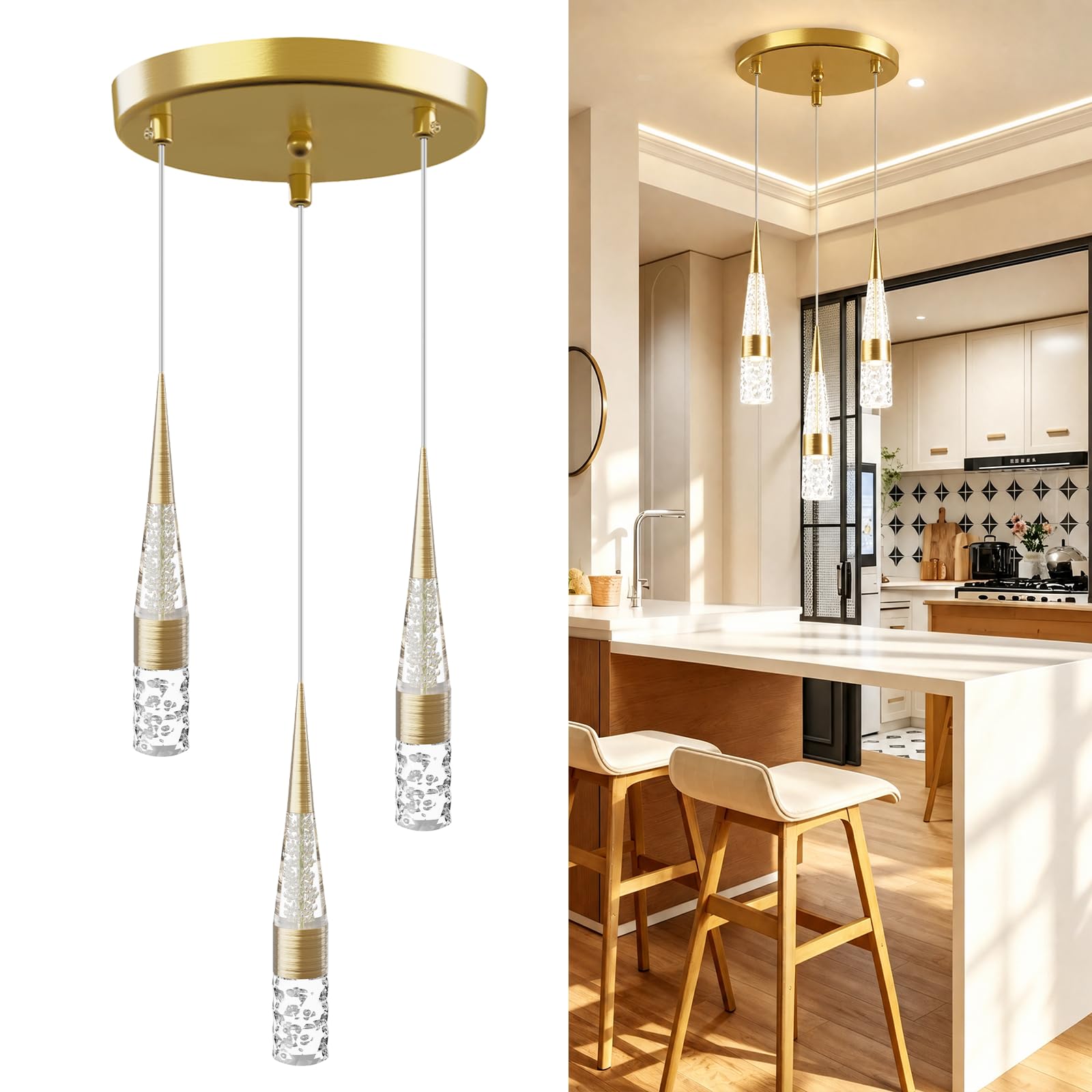 Dimmable Gold Crystal Adjustable LED Pendant Light