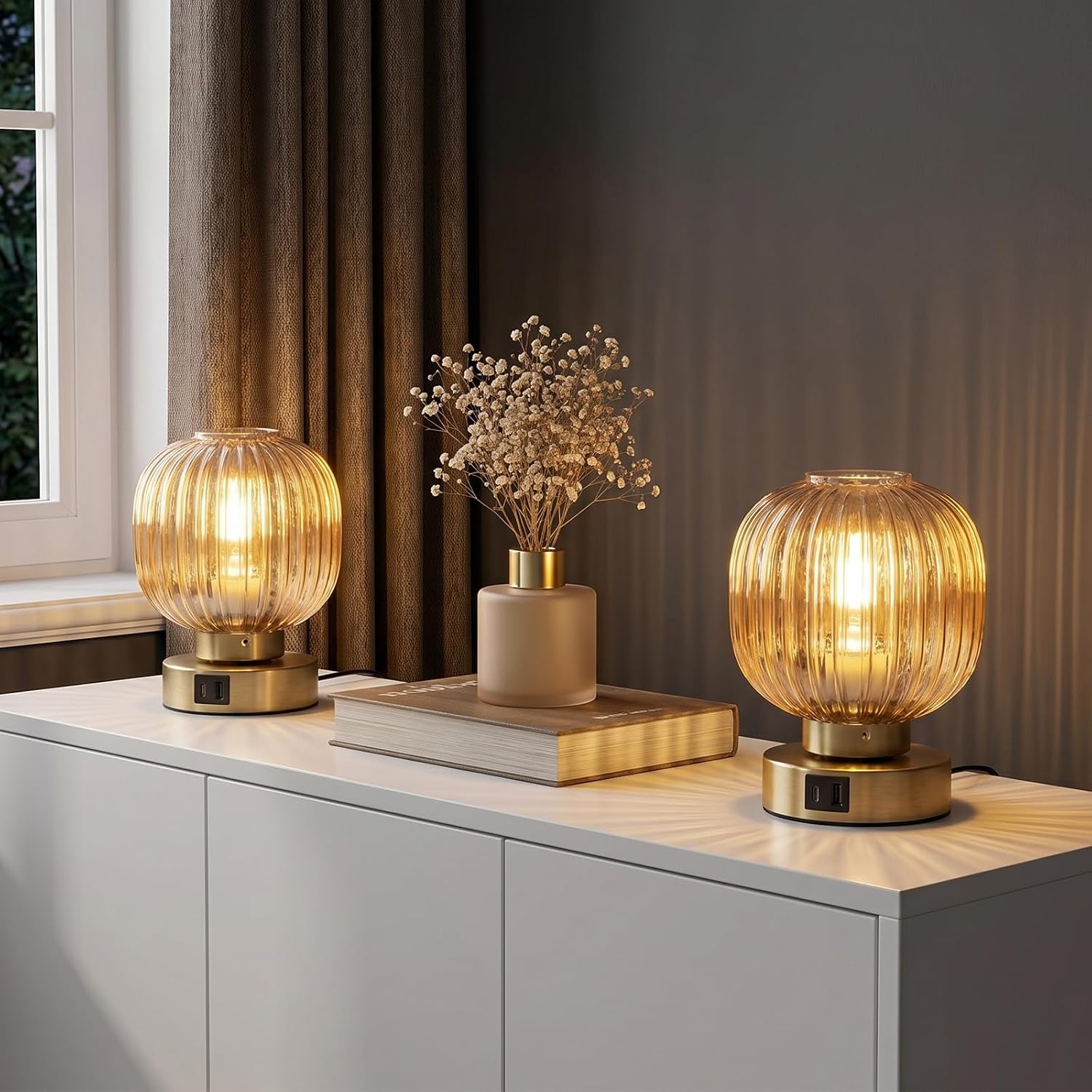 Amber Touch Dimmable Bedside Lamps Set of Two