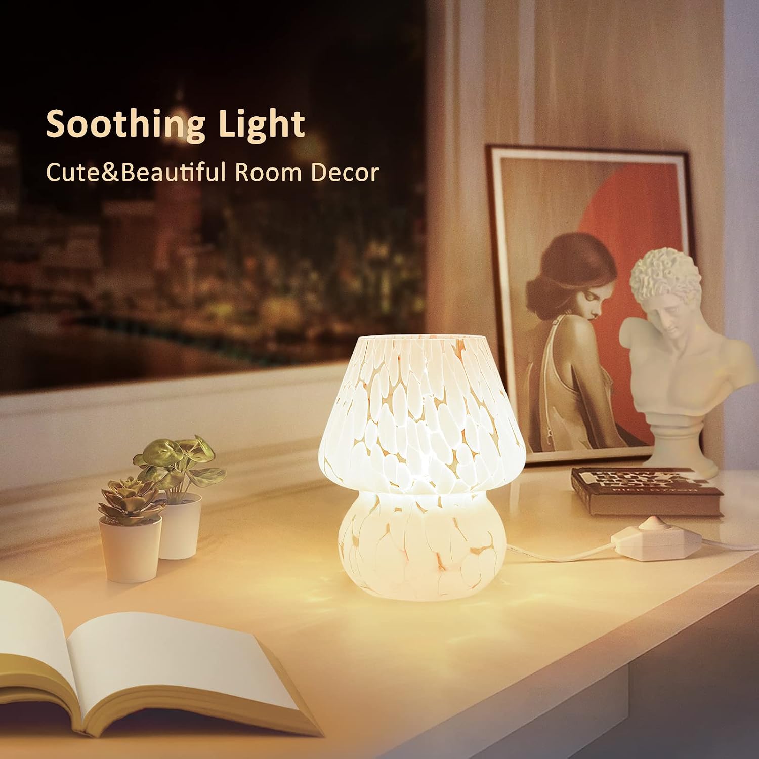 Cute Dimmable Glass Mushroom Bedside Lamp