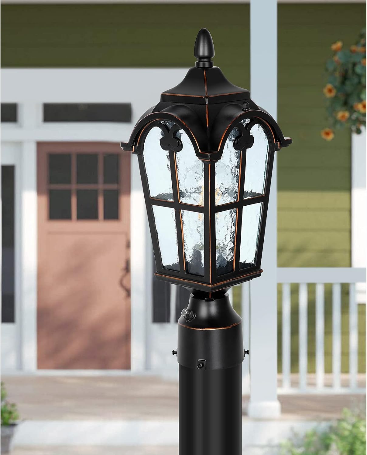Roman Black Dusk Dawn Glass Outdoor Post Lantern