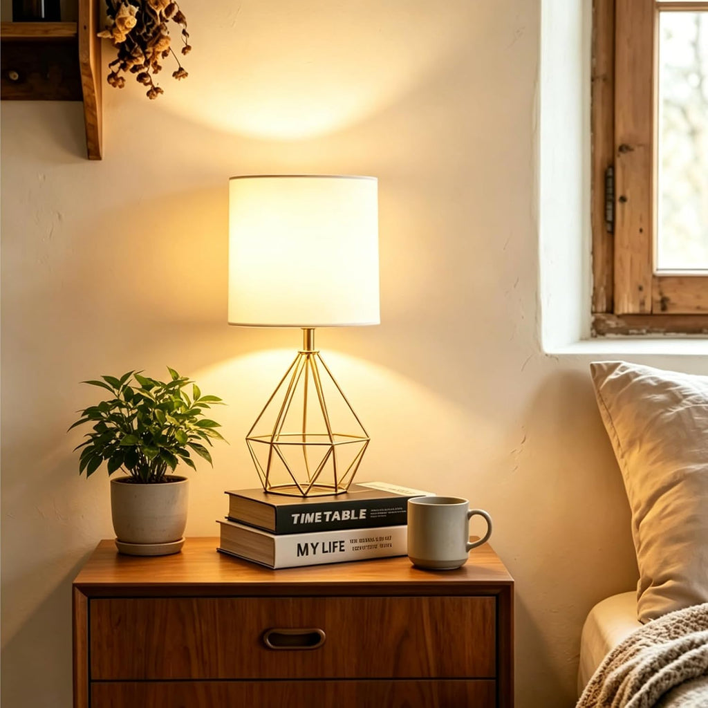 Gold Fabric Shade Bedside Table Lamps Set Two