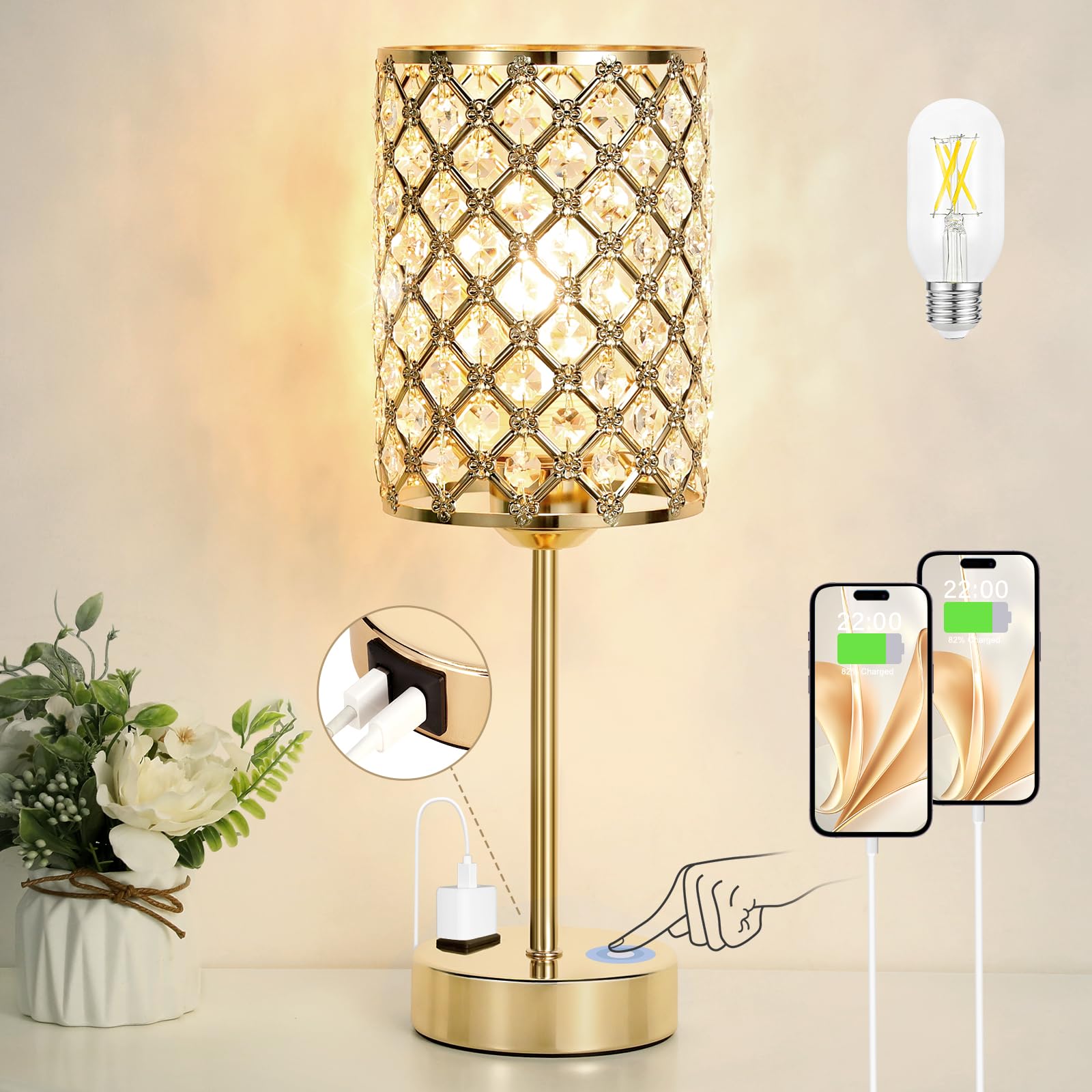 Touch Dimmable Gold Crystal Charging Bedside Lamp