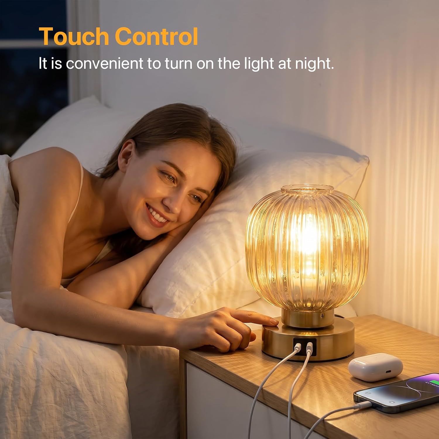 Amber Touch Dimmable Bedside Lamps Set of Two