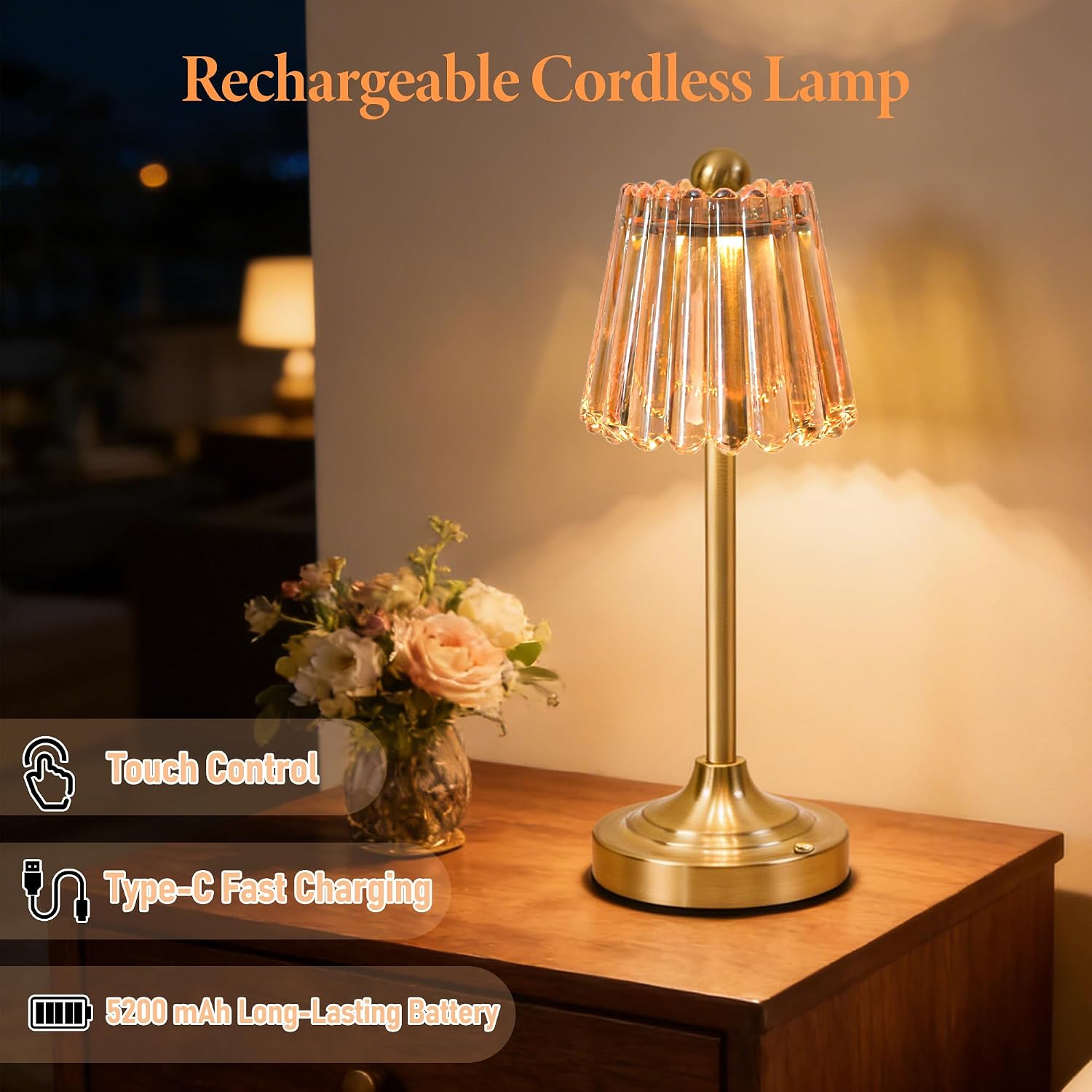 Cordless Touch Dimmable Glass Lamps Set of Two
