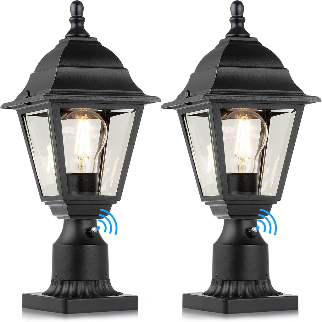 Black Clear Glass Dusk Dawn Post Lamps Set Two
