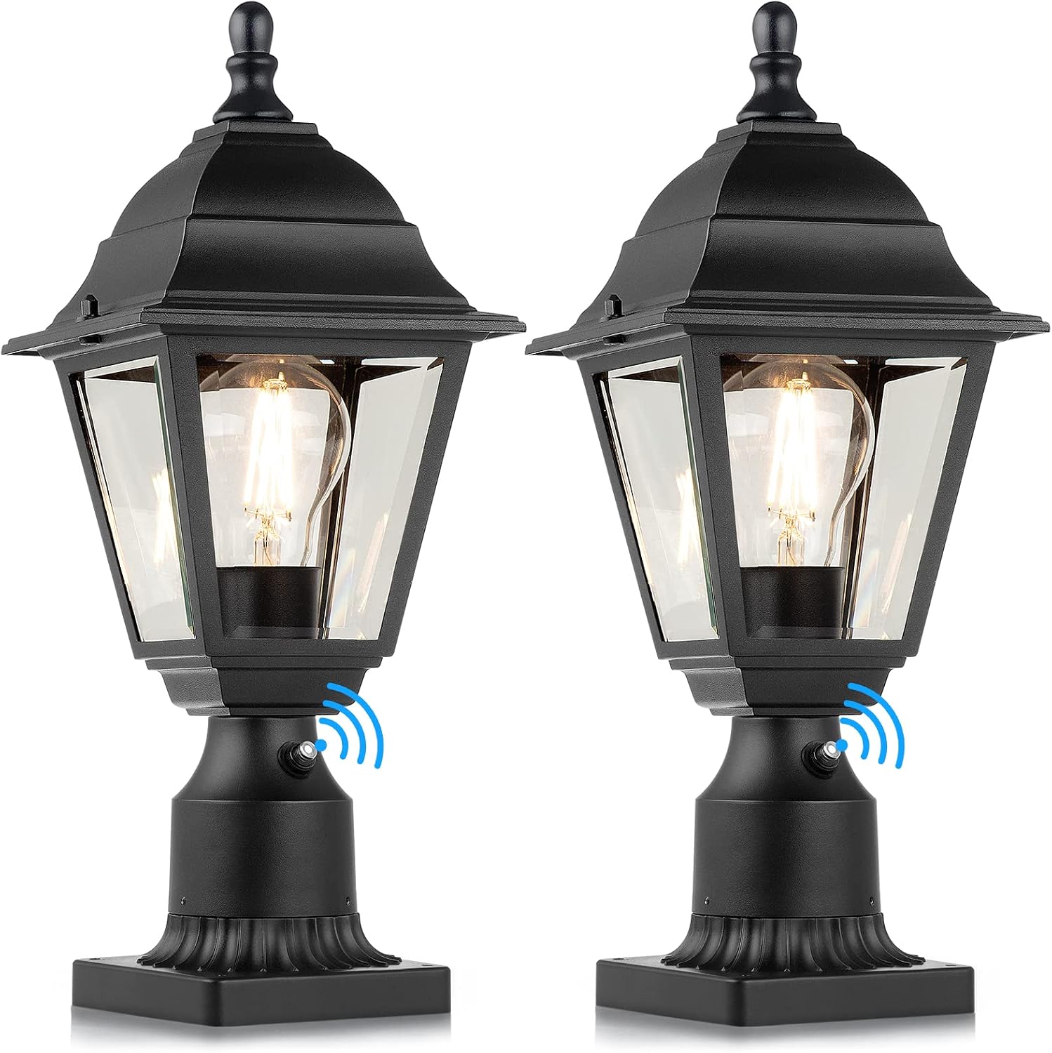 Black Clear Glass Dusk Dawn Post Lamps Set Two