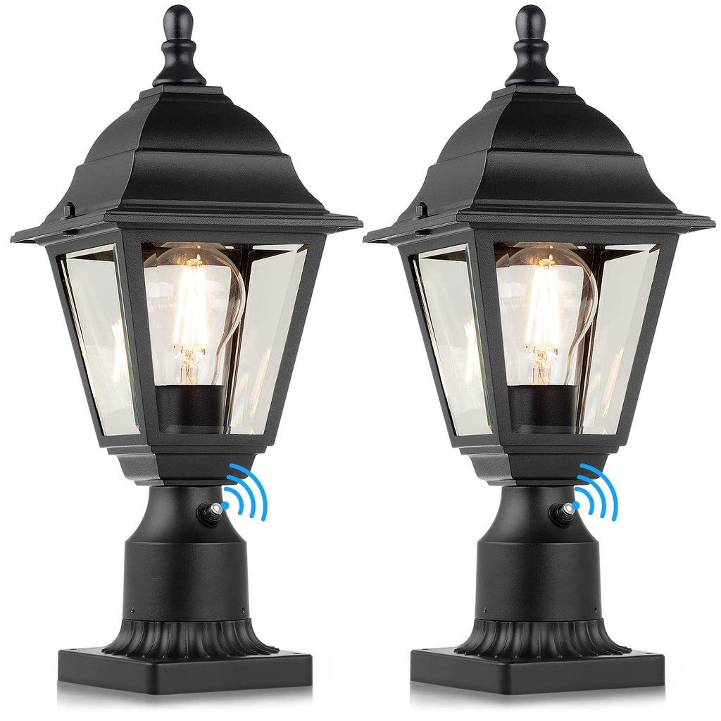 Black Clear Glass Dusk Dawn Post Lamps Set Two