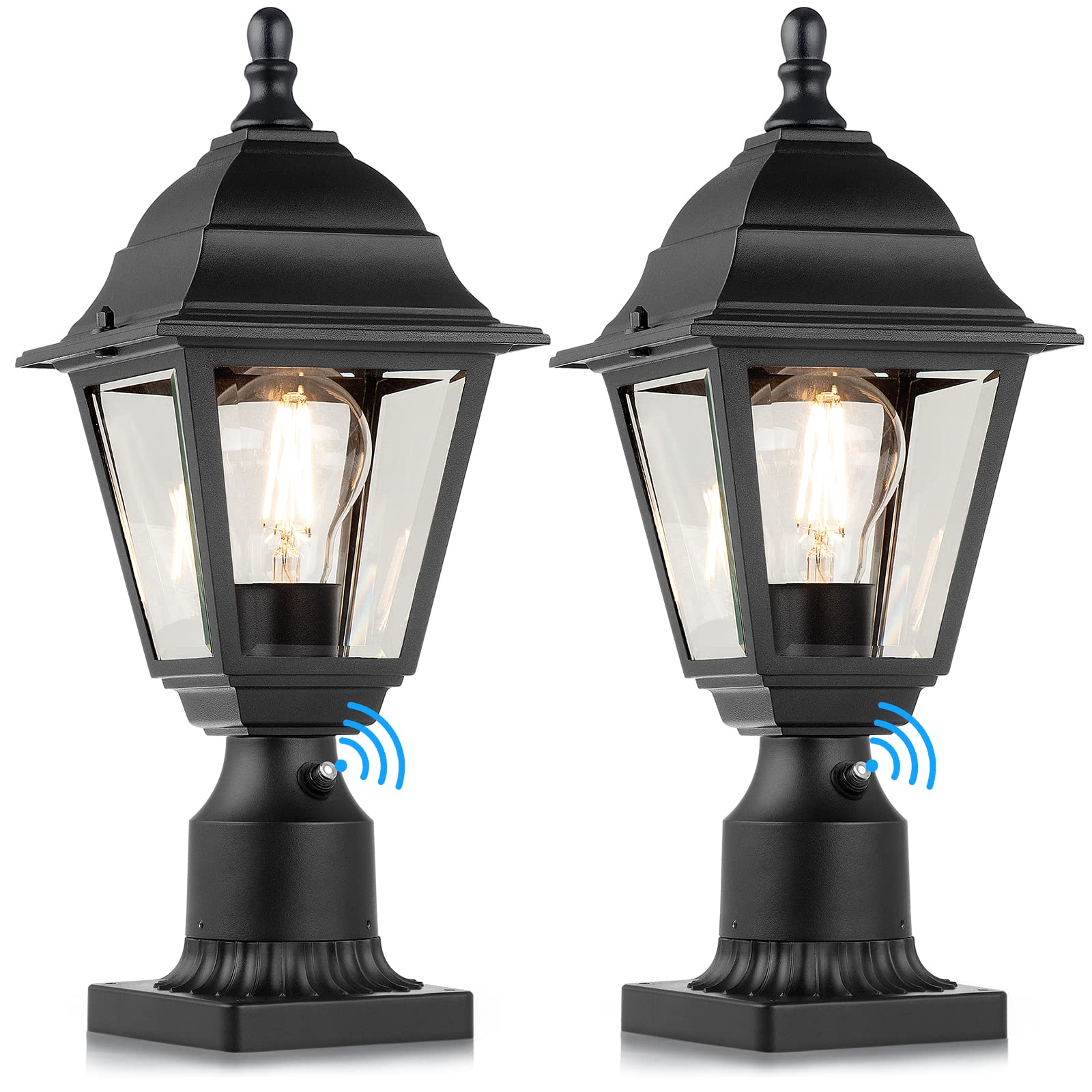 Black Clear Glass Dusk Dawn Post Lamps Set Two