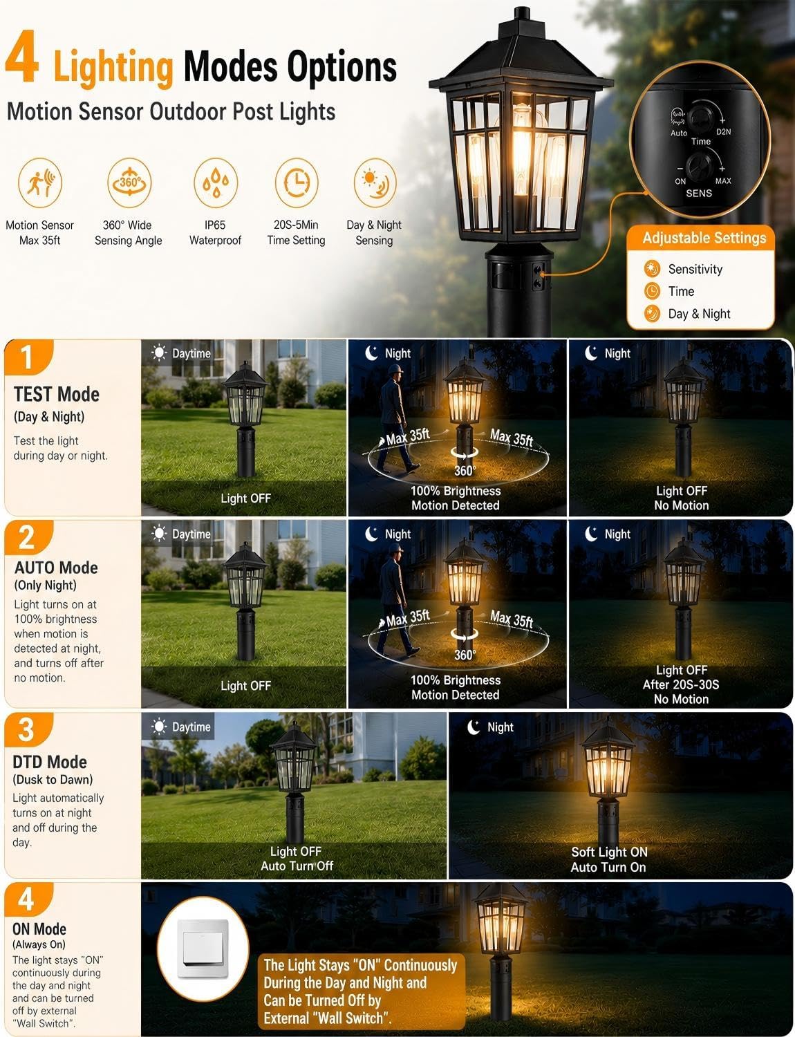 Black Motion Dusk Dawn Waterproof Post Lantern