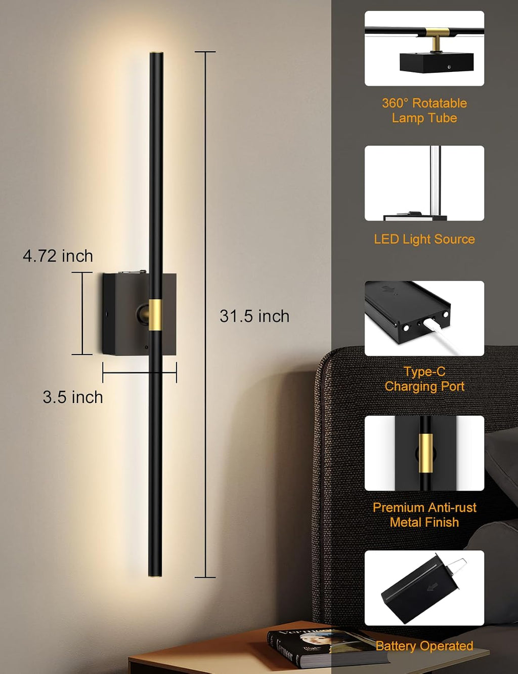 Rotatable Remote Dimmable Rechargeable Wall Sconces