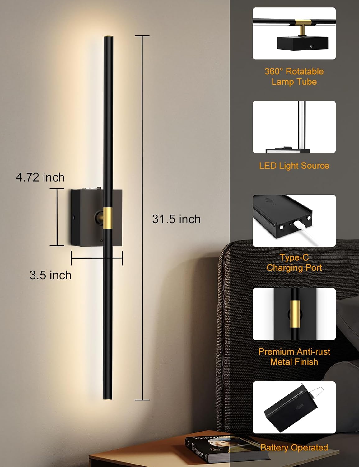 Rotatable Remote Dimmable Rechargeable Wall Sconces