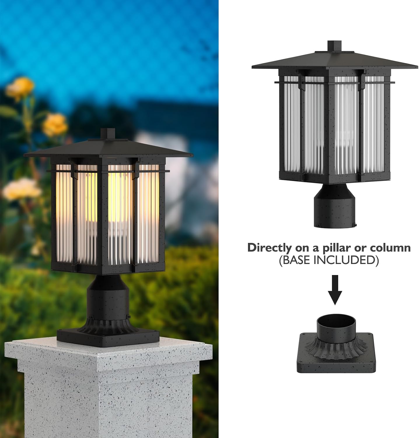 Black Ribbed Glass Outdoor Post Pole Lamp