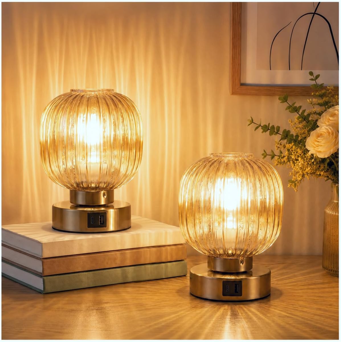Amber Touch Dimmable Bedside Lamps Set of Two