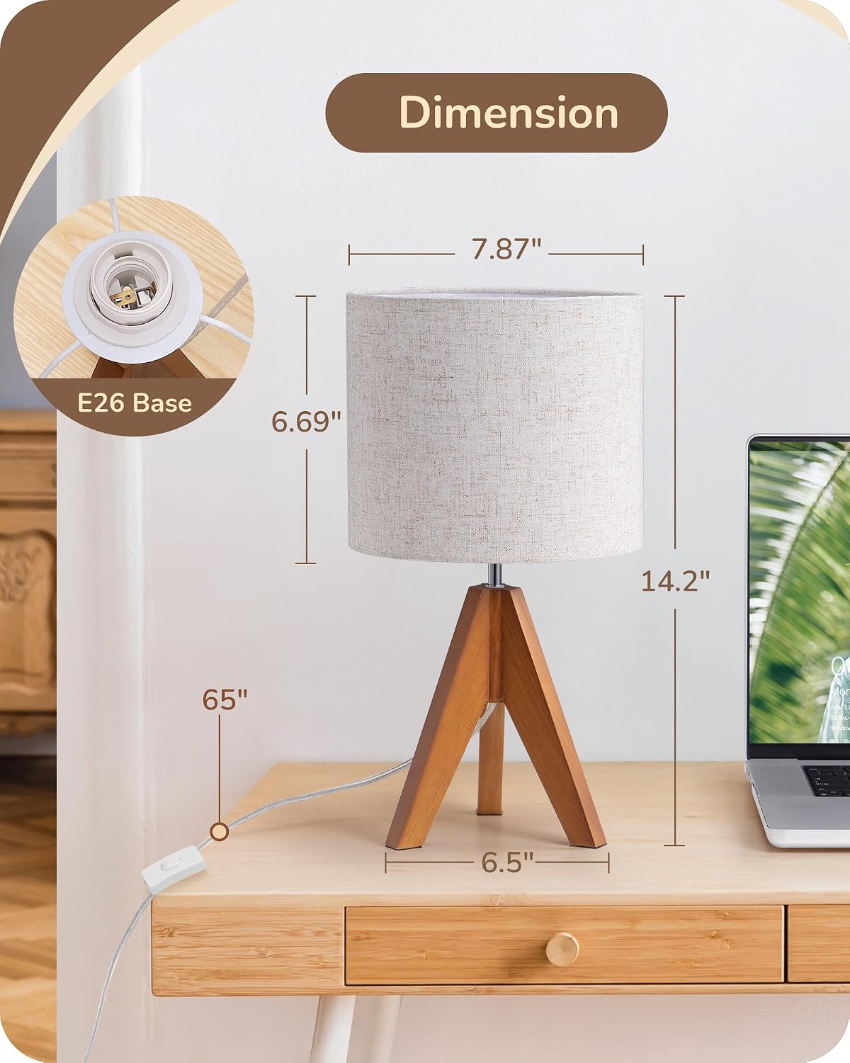 Wood Tripod Beige Linen Bedside Table Lamp