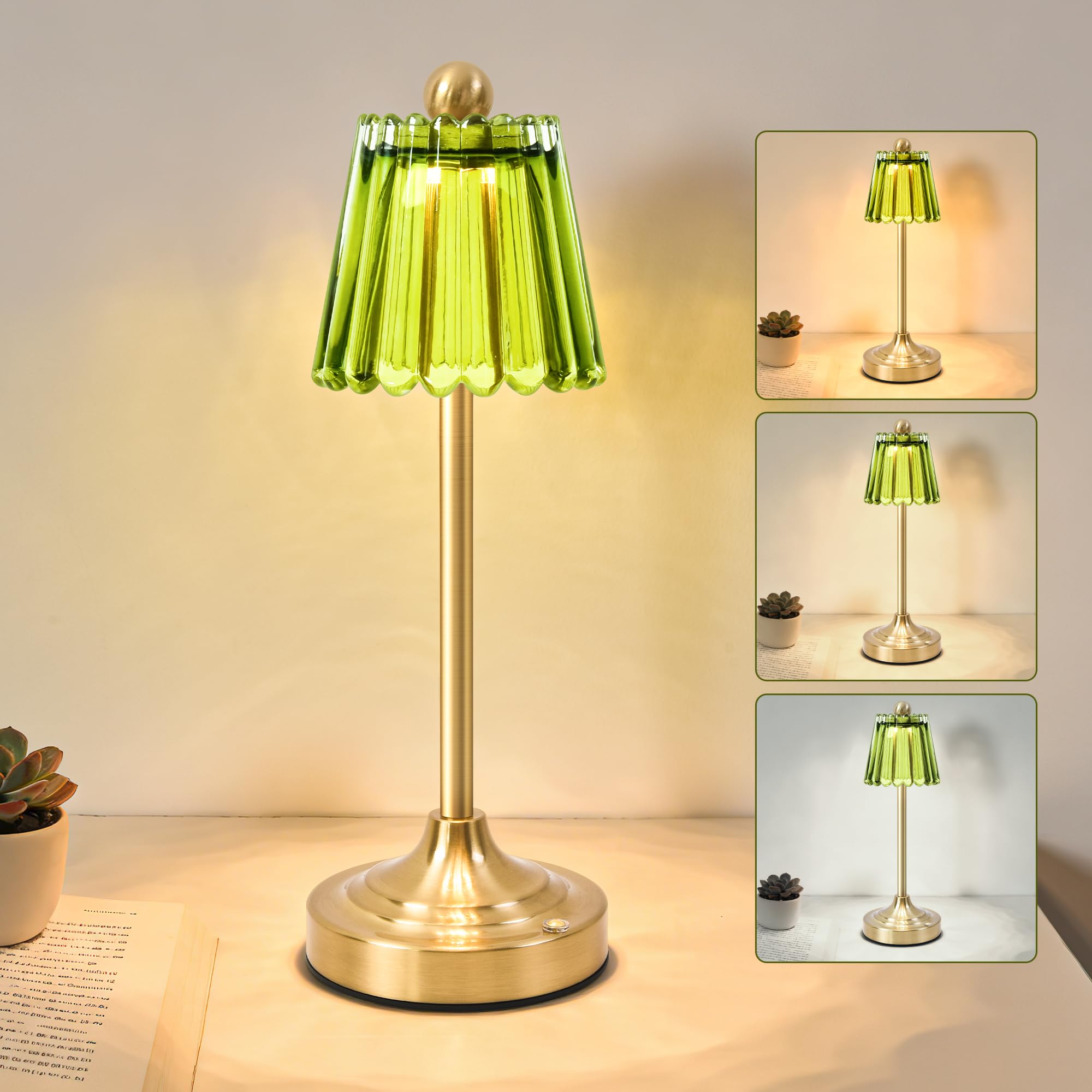Touch Dimmable Green Glass Lamps Set of Two