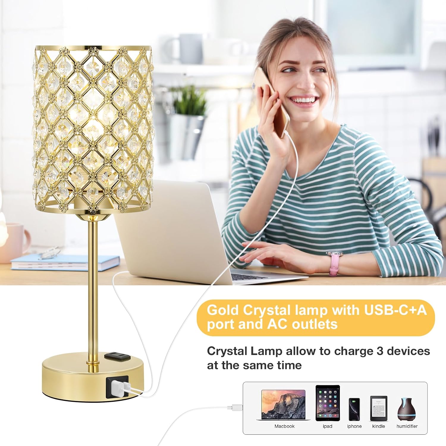Touch Dimmable Gold Crystal Charging Bedside Lamp