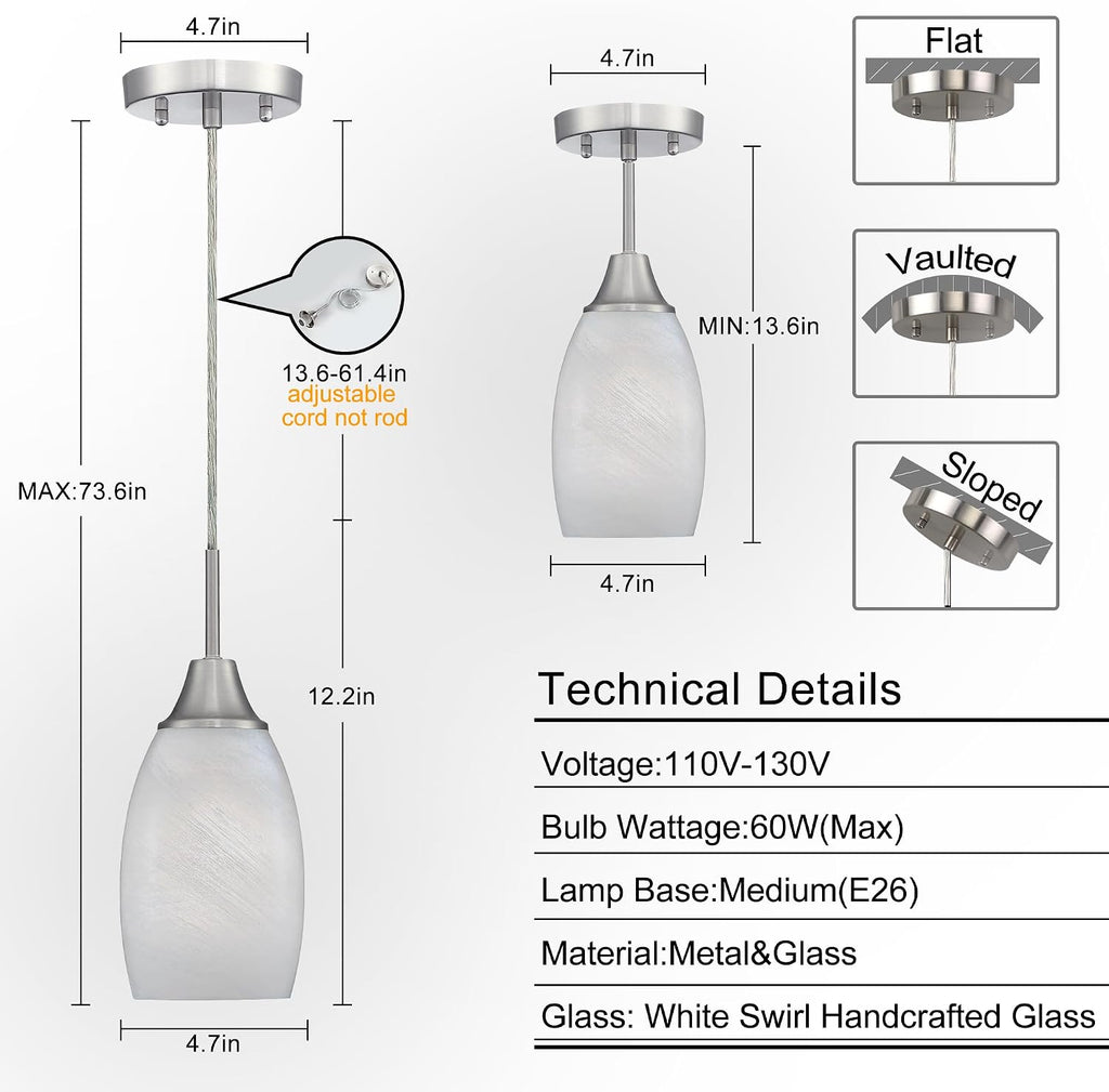 Handblown Swirl Glass 4.72" White Mini Pendant Light