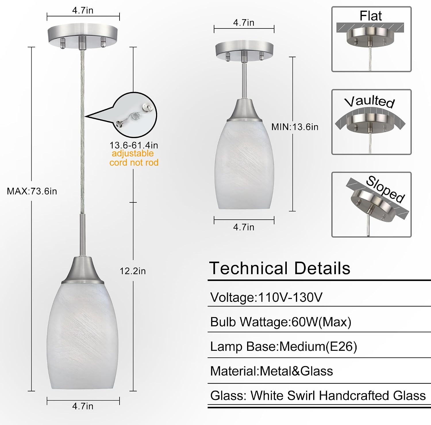 Handblown Swirl Glass 4.72" White Mini Pendant Light