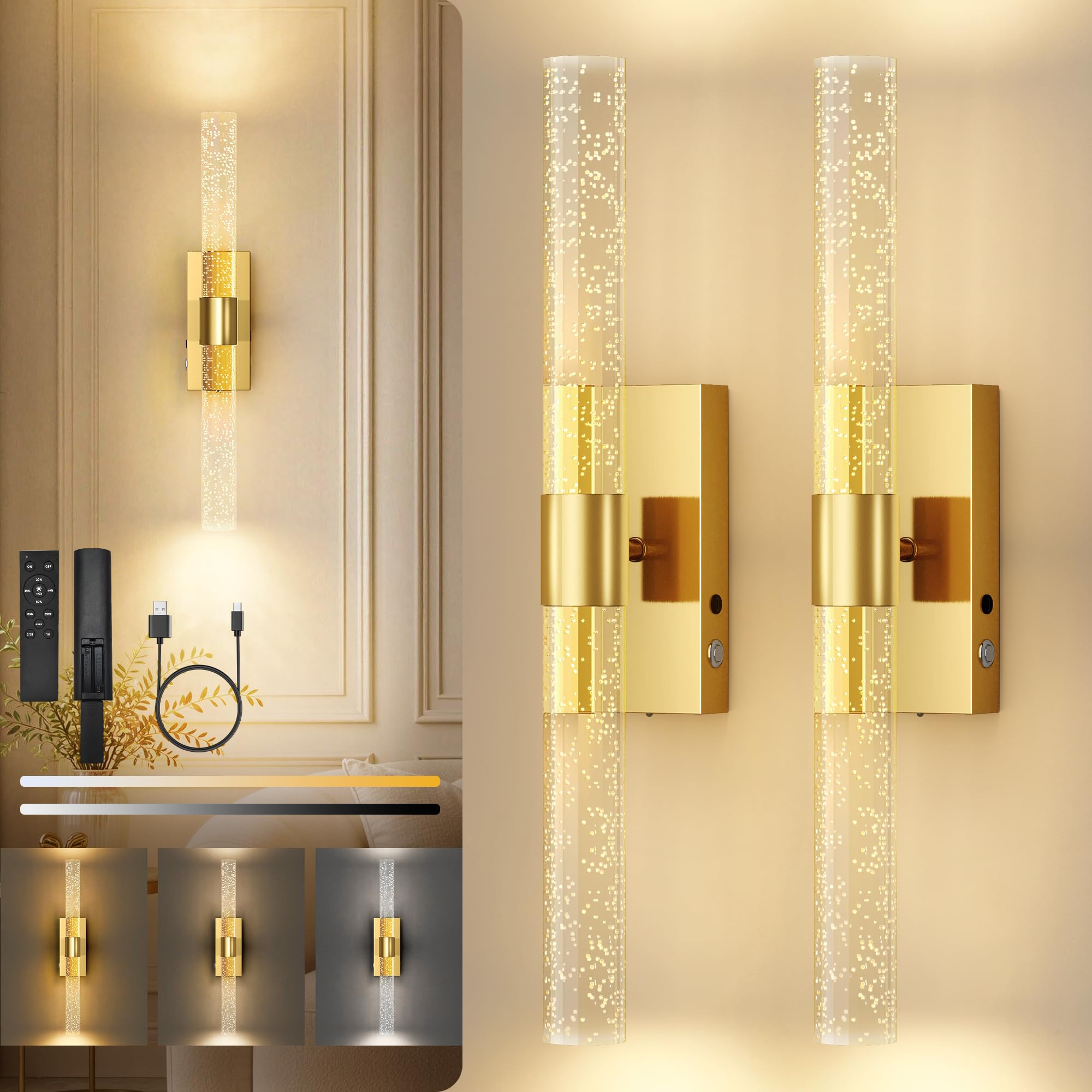 Cordless Dimmable Gold Wall Sconces Set of Two