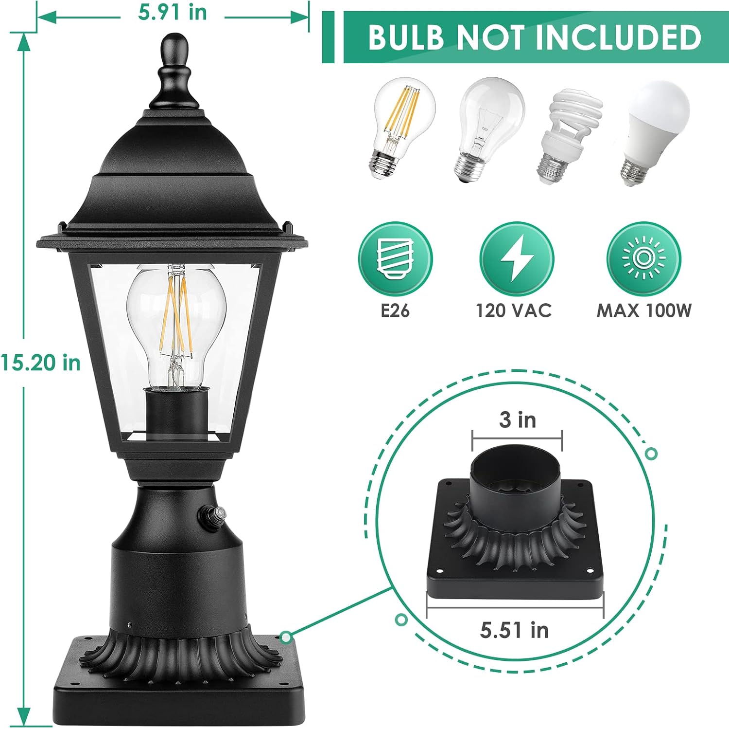 Black Clear Glass Dusk Dawn Post Lamps Set Two